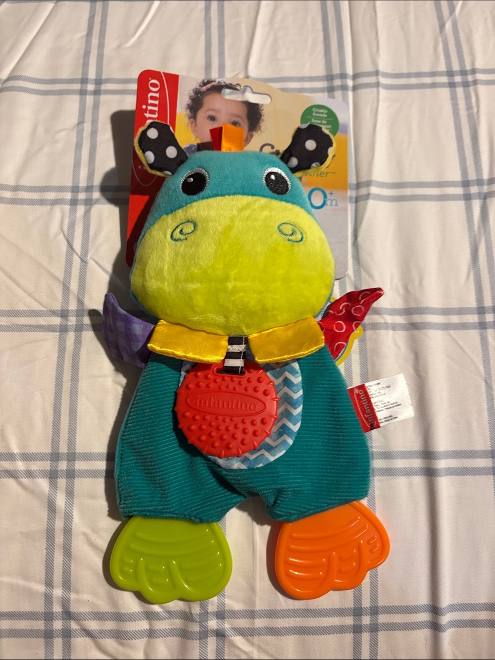 Infantino Teether & Plush Hippo Toy - Teal and Lime